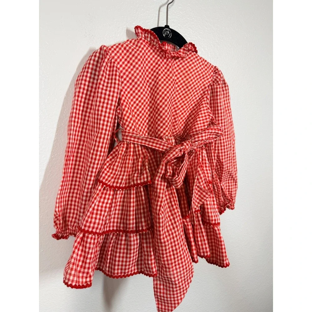 Gingham Dress Girls 3T Red White Checkered Tiered Ruffle Long Sleeve Americana